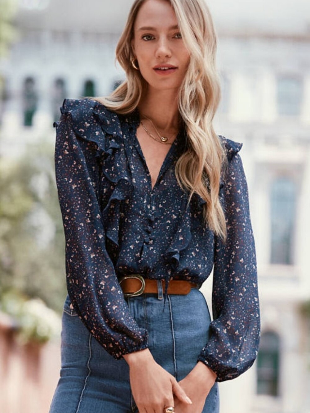 LOFT | Floral Ruffle Button Tie Neck Blouse